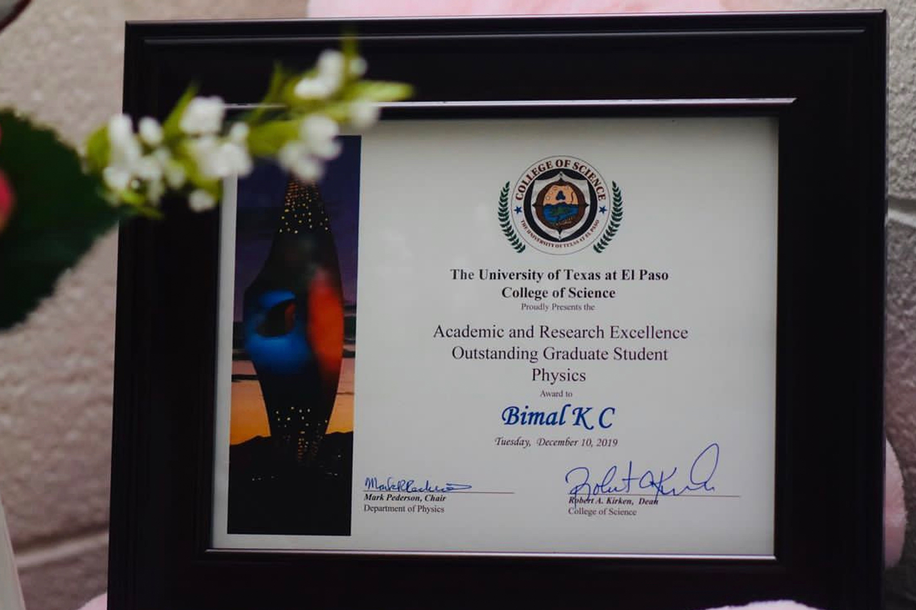 Academic and Research Excellence award(2019), Physics Department, UTEP